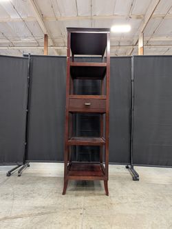 Tall Dark Wood Display Shelf with Single Drawer