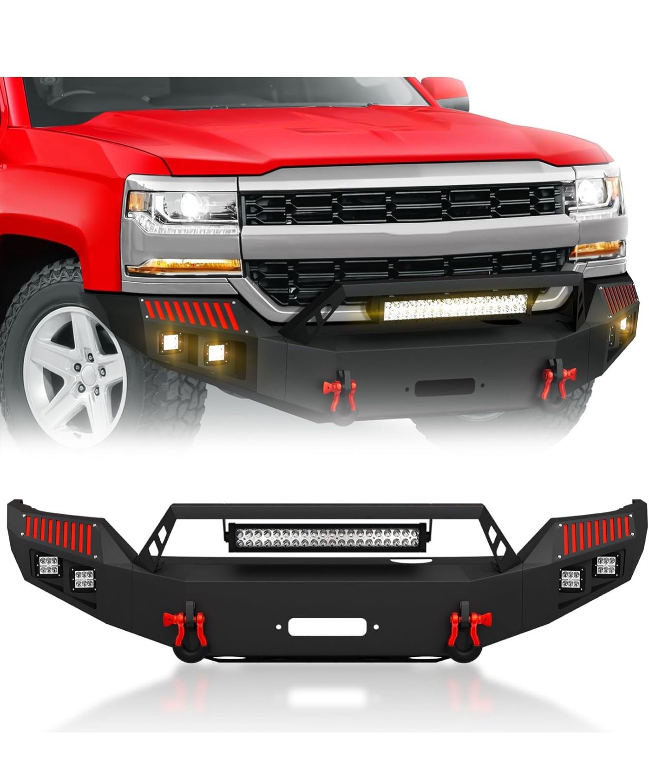 Front Bumper Compatible with 2016 2017 2018 Chevy Chevrolet Silverado 1500 Pickup Truck Bumper with Winch Plate, 5 x LED Lights, Paintable Decor & D-r
