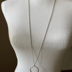 Double Stranded Silver-tone Chain Necklace with Open Teardrop Pendant 36”