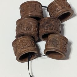 Set of 6 Hand Carved Wood Elephant Napkin Rings Rustic Animal Design Boho Decor

