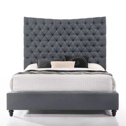 GLAM HIGH HEADBOARD GRAY FABRIC EASTERN OR CAL KING SIZE BED FRAME / CAMA