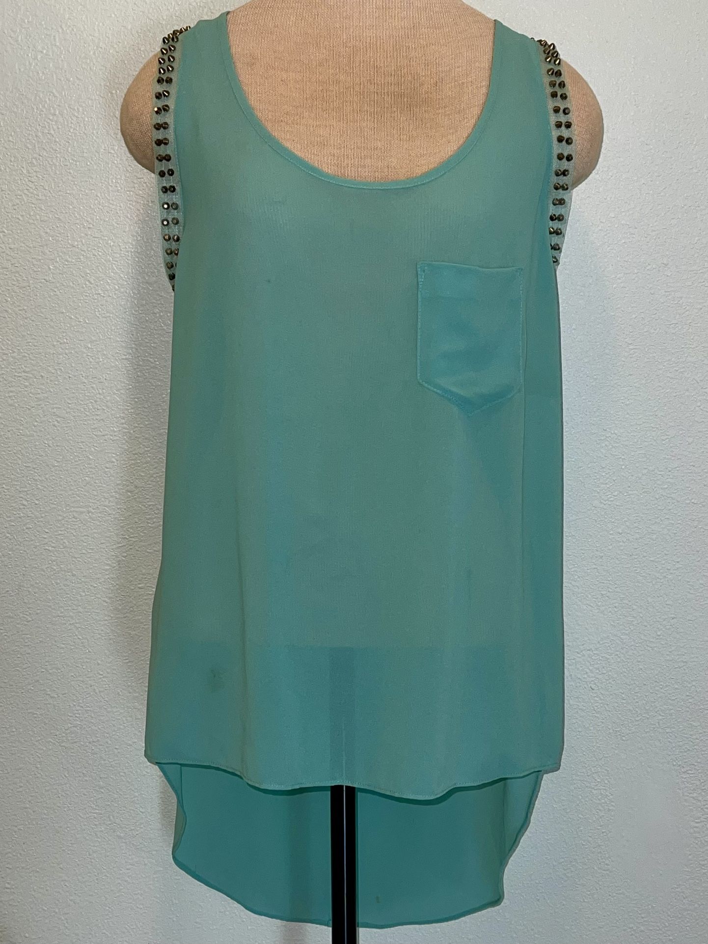 Guess Aqua Asymmetrical Sheer Top With Gold Studs On Shoulder Straps