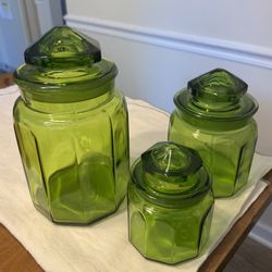 Set Of 3 Vintage LE Smith Green Glass Flat Panel Canister Apothecary Jar