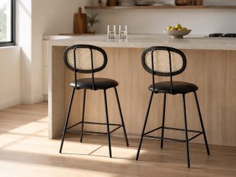 Set of 2 Rattan Back Counter Stools – Black Metal Frame / Used with Wear