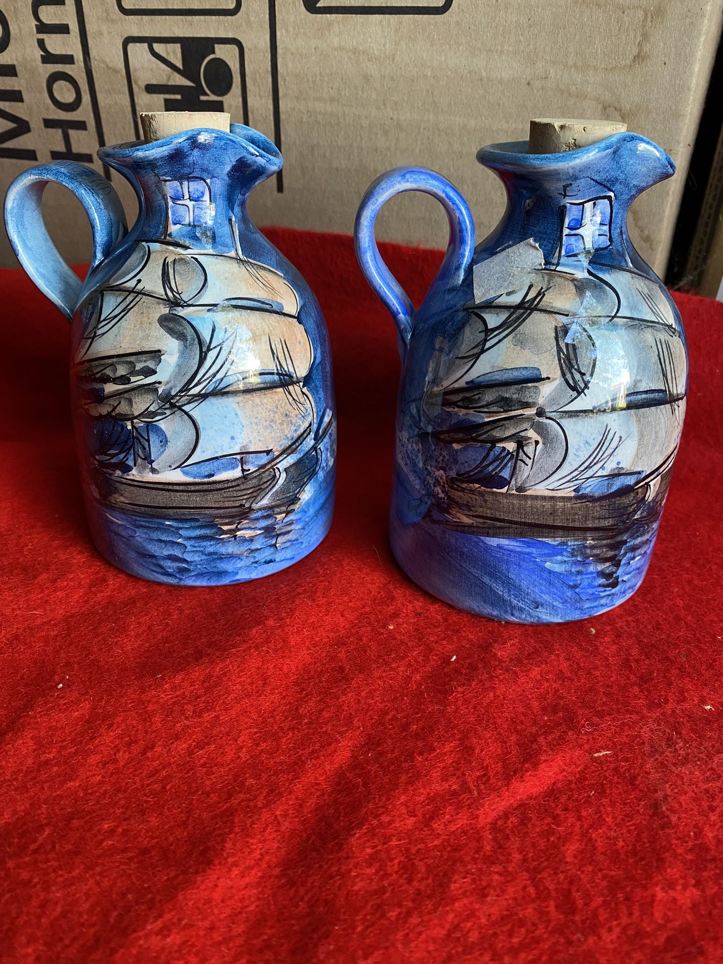 5.5 Inch Handmade Hand Painted Blue Ceramic Oil/Vinegar Set With Tray Imported From Greece