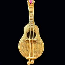 Vintage 14k solid yellow gold 0.05Ct Natural Ruby stone Guitar Pendant Charm