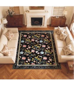 Brandnew 6x9 Area Rug, Washable Floral Rug Non Slip Soft, Black