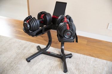 Bowflex SelectTech 552 Adjustable Dumbbells (Pair) + Stand with Media Rack — Like New