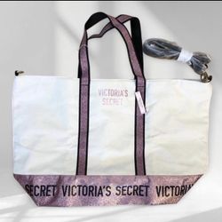 NWT Victoria’s Secret natural canvas tote pink glitter handles crossbody strap