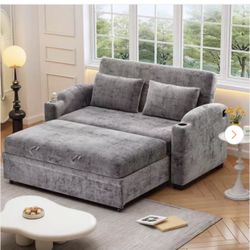61.42 in. Square Arm Chenille Rectangle Sofa with Sofa Bed, Pillows, USB Ports and Cup Holders in Gray (Seats 2)