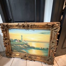 Vintage Framed Lighthouse Painting – Ornate Gold Frame