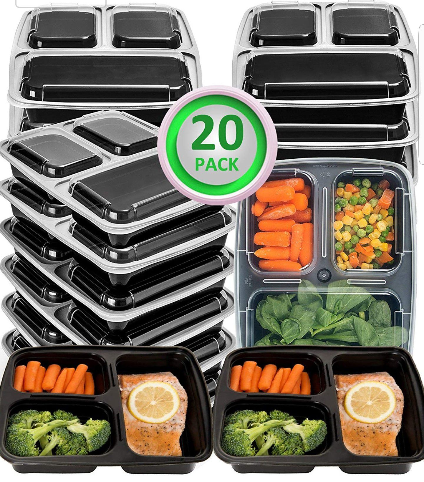 20 Pack Meal Prep Containers 2 and 3 Compartment Bento & Mealcon Microwave Dishwasher Freezer Safe Food Storage Containers with lids-Portion Control