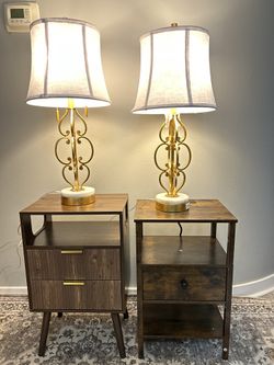 Table Lamp Set of 2 with USB Ports, Pull Chains Switch, 28” Gold Leaf Curved Iron Art Bedside Lamps with Linen Shade for Living Room Bedroom,