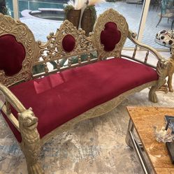 SPECTACULAR 3 Piece Lion Head Living Room Set. 1 Ornate Sofa & 2 King Or Queen Throne Chairs. Plum Fabric. Gorgeous W/ Ornate Antique, Victorian, Etc
