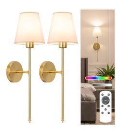 Battery Operated Wall Sconce Set of 2,Gold Rechargeable Wall Lights with 5200mAh Dimmable Bulbs and Remote,10 Colors Wireless Wall Lamps for Bedroom L