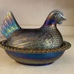 Hen on Nest Iridescent Blue Purple Indiana Glass Candy Dish Vintage 7" Carnival