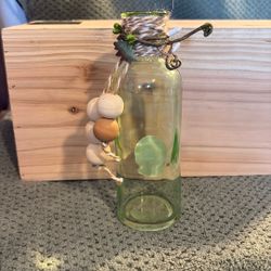 Green Bottle Vase With Beads 7” Tall