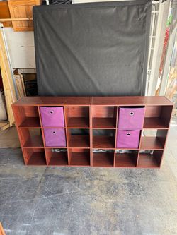 2 cherry color wood 9 cube bookcase w/fabric storage  bin 45 ea 11 1/2 x 36 x 36h.