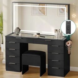 Black 10-Drawer Cosmetic Vanity Desk Set with Glass Tabletop Makeup Vanity