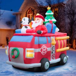 Holidayana 6.5 ft Christmas Inflatable Fire Truck Santa Yard Decoration - 6.5 ft Tall Lawn Decoration, Bright Internal Lights, Built-in Fan, and Inclu