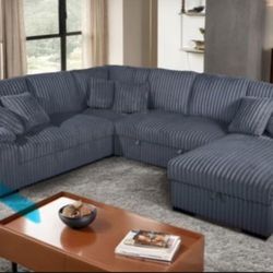 Sectional With Sleeper In Corduroy With Storage Chaise 