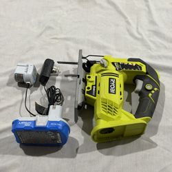 RYOBI One+ P5231 18V Lithium Ion Cordless Orbital T-Shaped 3,000 SPM Jigsaw Power Tool and T-Shaped Wood Cutting Blade + Battery & Charger 