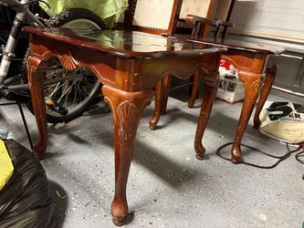 Queen Anne Style Wood Side Table with Glass Top