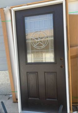 Dark Brown Fiberglass Entry Door with Star Glass