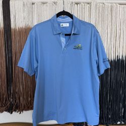Baby blue Kings River Golf and Country Club 2022 Men’s Invitational golf polo with embroidered logo on the left chest and left arm; perfect condition 