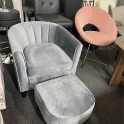 Assembled New Modern Accent Chair with Ottoman, Upholstered Teddy Velvet Barrel Club Chair w/Footres