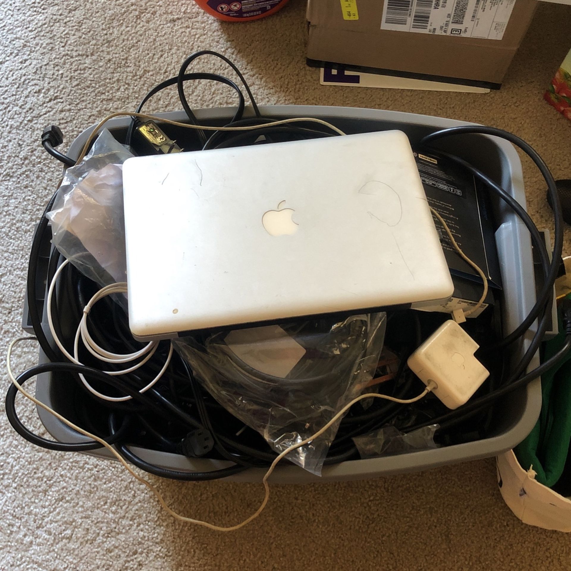 PC, Monitor Cords, Cables And A Dead Macbook