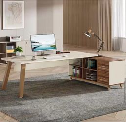 71 in. L-Shaped White Wood 2-Drawer Executive Desk with 55 in. Cabinet Large Office Desk with Storage Shelves
