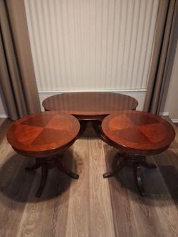 Round Mahogany Pedestal Side Tables plus coffee table