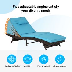 Outdoor Wicker Long Reclining Chair Set of 2 , Wicker Reclining Lounge Chair Lawn Sunbathing Chairs Recliner up to 150° Beach Poolside Garden