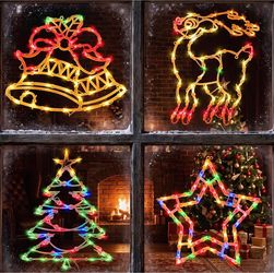 4 Pack Christmas Window Lights for Indoor Outdoor Wall Door Glass Decor Lighted Deer, Christmas Tree, Bell & Five-Point Star Christmas Window Decorati