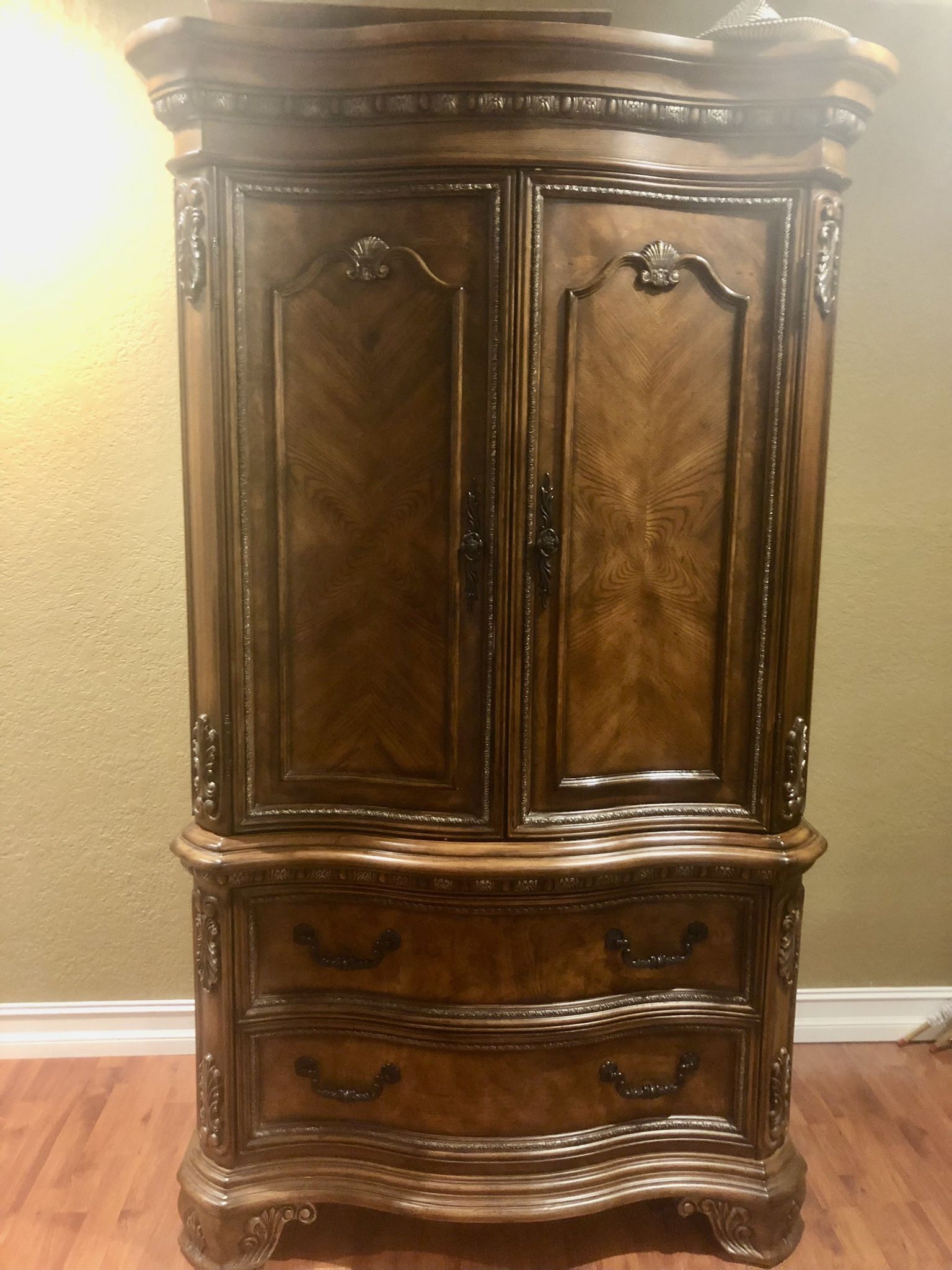 Dark Wood Tall Wardrobe/Armoire With Drawers And Storage For TV