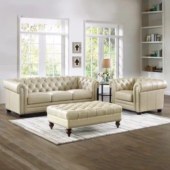 Free Delivery Allington 3-piece Leather Set Sofa, Chair, Ottoman - Eggshell Retail $5700