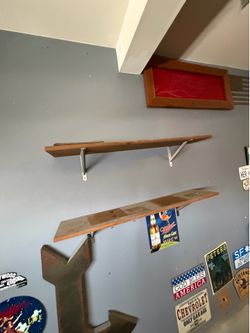 Set of 2 Wood Wall Shelves with Metal Brackets