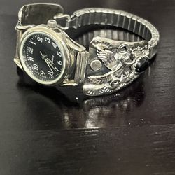 Vintage Sterling Silver Navajo Watch with Eagle Design and Black Onyx by C. Yazzie
