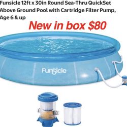 New in box Funsicle 12ft x 30in Round Sea-Thru QuickSet Above Ground Pool with Cartridge Filter Pump, Age 6 & up $80 firm cash only pick up East Palmd