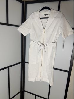Sharagano Collard Zip Front Belted Short Sleeve White Dress Size 10