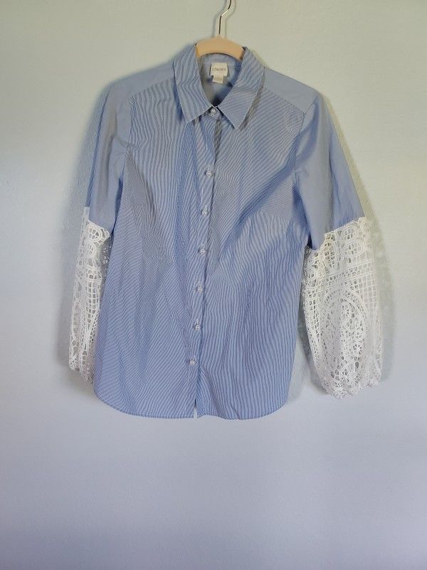 Chicos Womens 1 Small Blue Stripe Lacey Long Sleeve Button Up Blouse