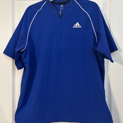 Men’s Adidas Shirt Blue White Pull Over Windbreaker Short Sleeve Golf Rain Size Large