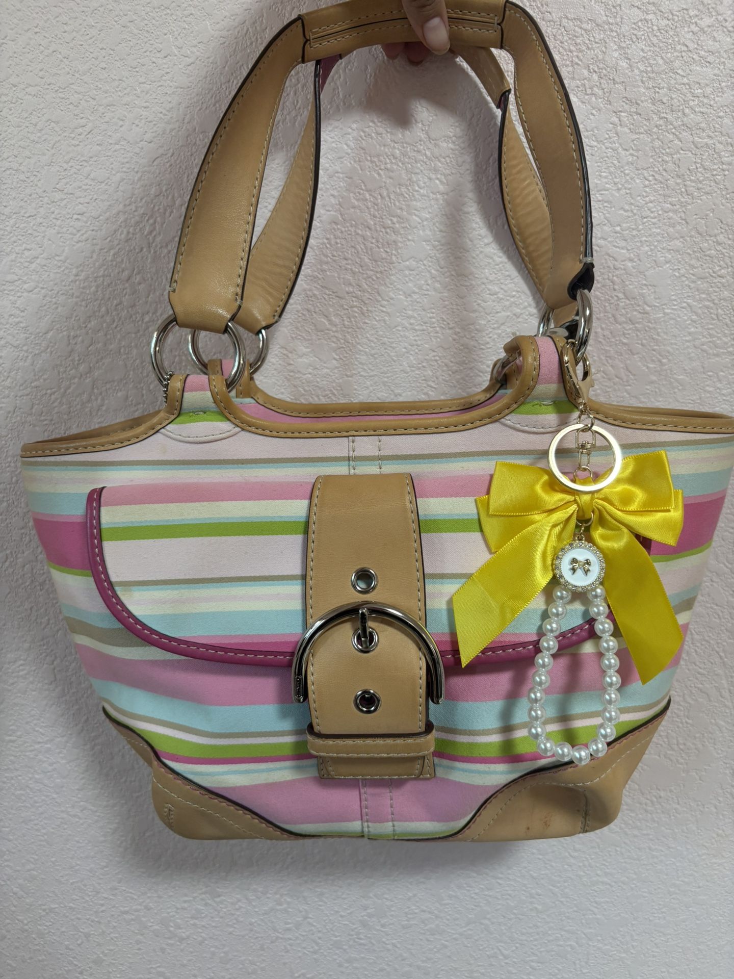 coach nubuck multi pink stripe flap front tote handbag!π₯°
