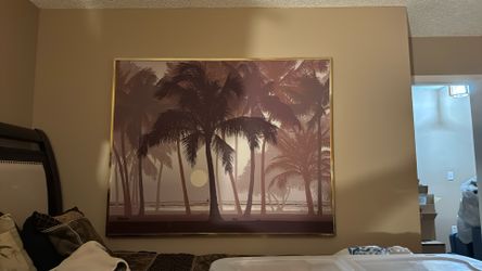 Letterman Painting Art “Sunset Over Tropical Palm Trees” Vintage 1970’s Large Framed 50 X 62