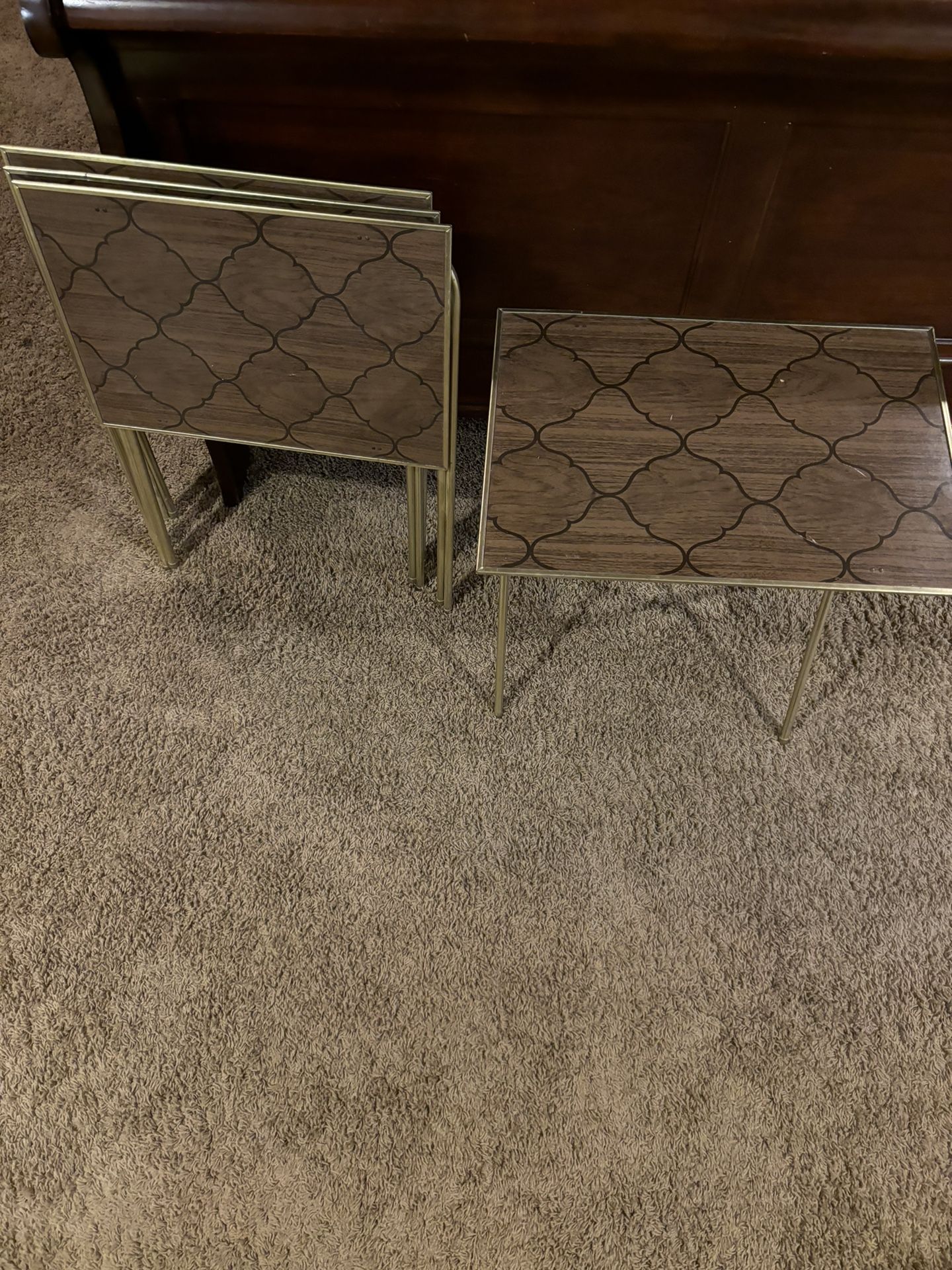 Vintage Mid Century Modern MCM Set of 4 Faux Wood Metal TV Tray Tables, NO STAND