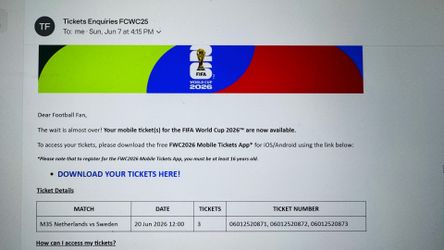 FIFA World Cup - 3 tickets to Netherlands vs Sweden in Houston