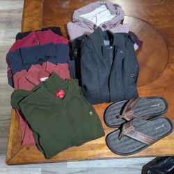 Various Men's Sweaters and Jackets, Flip Flops