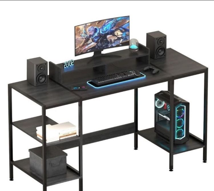 55 Inches Office Desktop Table With Dual Book/Computer Storage and Removable Monitor Stand