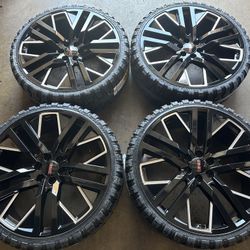 26” Next Generation Black Milled Wheels with 33” MT Tires Tahoe Yukon